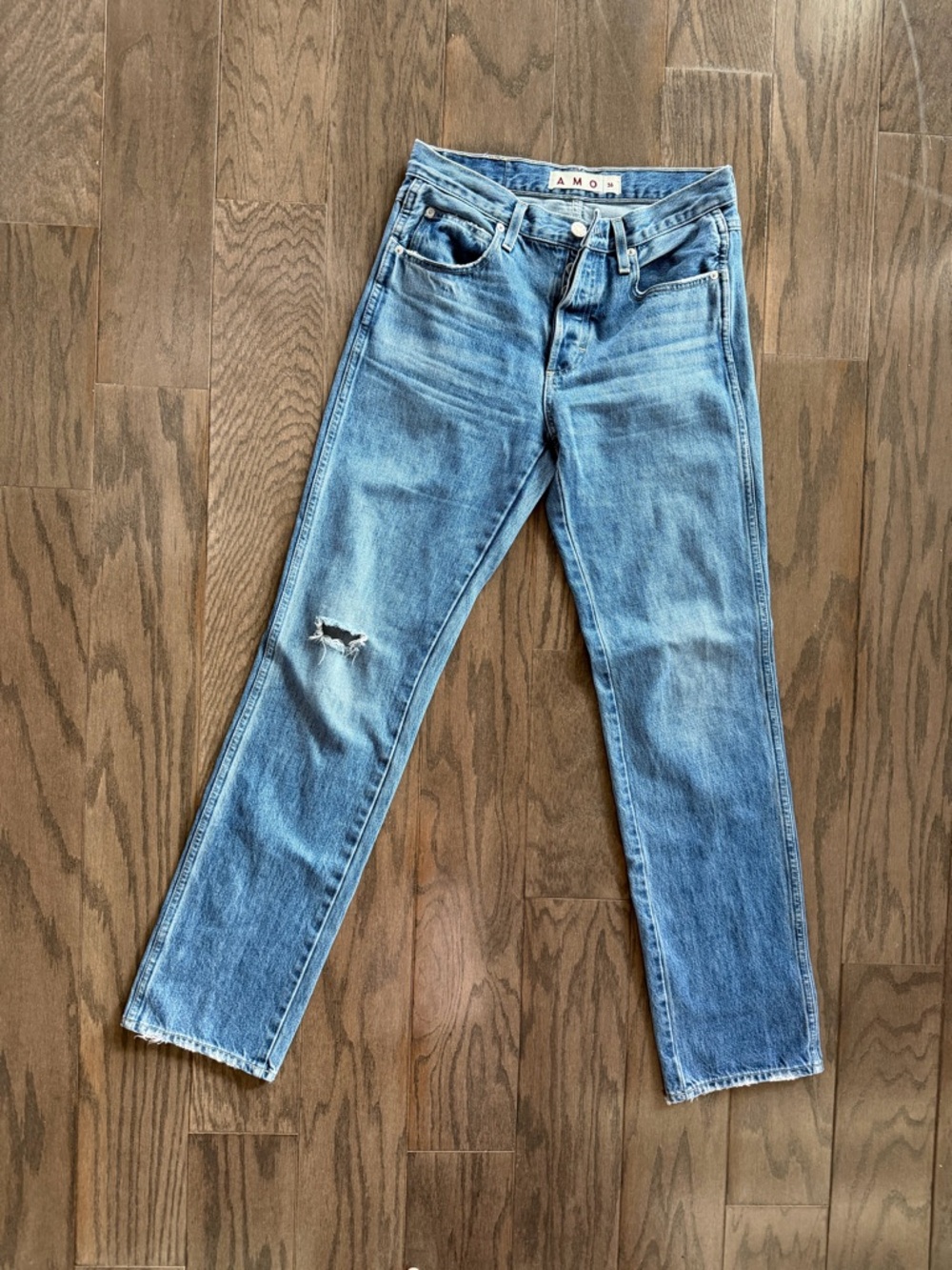 AMO “Charolette” You are Loved Mid Wash Straight Leg Jeans with Knee Distress
